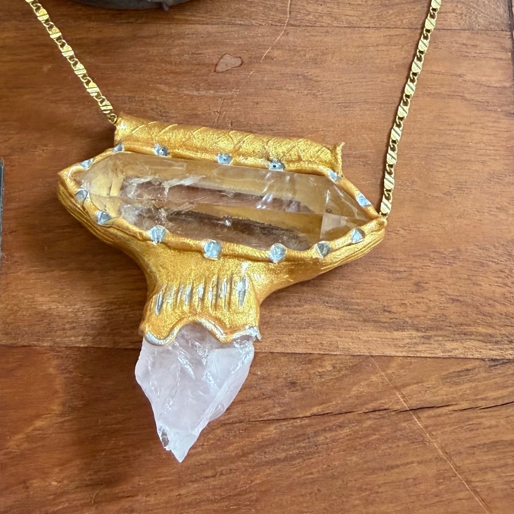 Natural Clear & Rose Quartz with Gold accent Boho Pendant